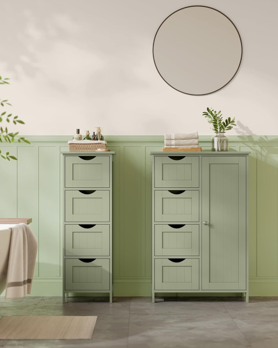 Dulap de depozitare pe podea pentru baie, MDF, cu 4 sertare, 1 usa, rafturi reglabile, 30x55x82cm, verde [8]