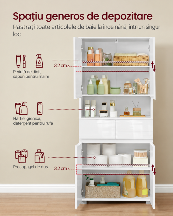 Dulap inalt de baie cu 2 dulapuri inchise, 2 sertare si compartiment deschis pentru organizarea prosoapelor si cosmeticelor, rafturi reglabile [2]