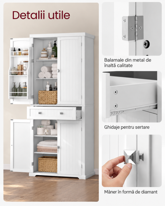 Dulap inalt de bucatarie pentru organizarea alimentelor, veselei si condimentelor, cu 2 dulapuri, sertar spatios, 4 rafturi interioare reglabi [7]