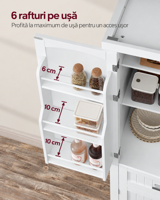 Dulap inalt de bucatarie pentru organizarea alimentelor, veselei si condimentelor, cu 2 dulapuri, sertar spatios, 4 rafturi interioare reglabi [8]