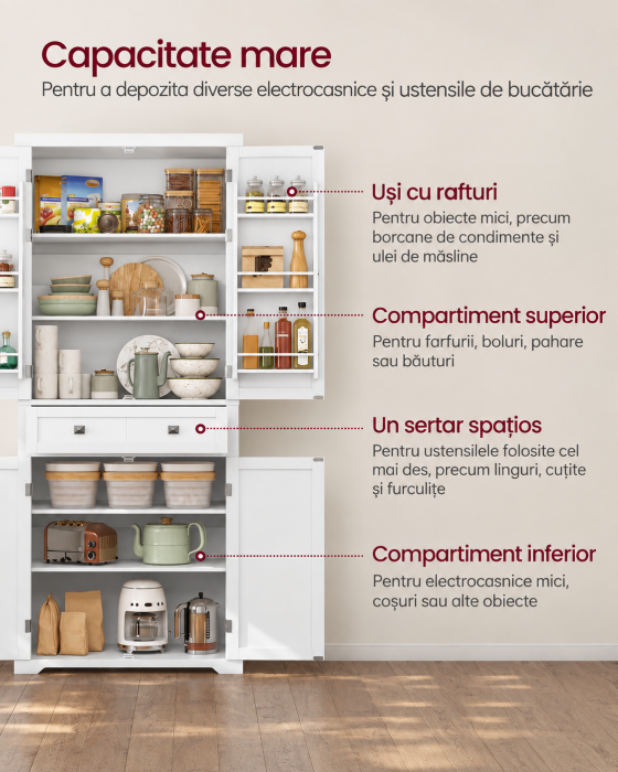 Dulap inalt de bucatarie pentru organizarea alimentelor, veselei si condimentelor, cu 2 dulapuri, sertar spatios, 4 rafturi interioare reglabi [3]