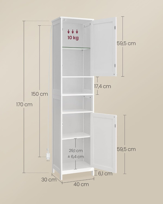 Dulap inalt pentru baie cu iluminare LED si rafturi reglabile, MDF, 30x40x170 cm, alb [2]
