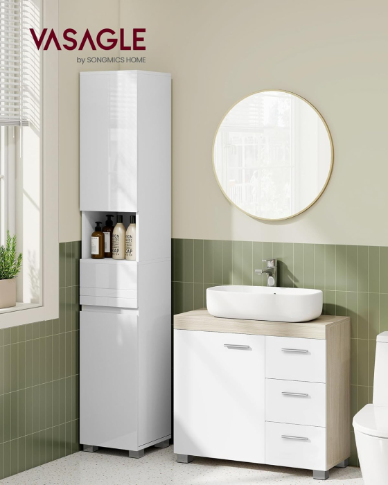 Dulap lavoar baie cu 3 sertare si 2 compartimente, MDF, 30x70x64 cm, alb si bej [3]