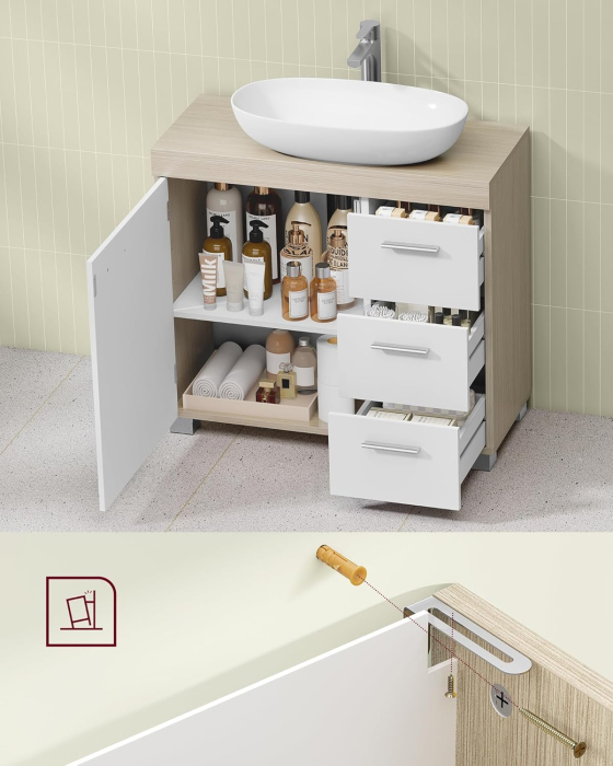 Dulap lavoar baie cu 3 sertare si 2 compartimente, MDF, 30x70x64 cm, alb si bej [7]