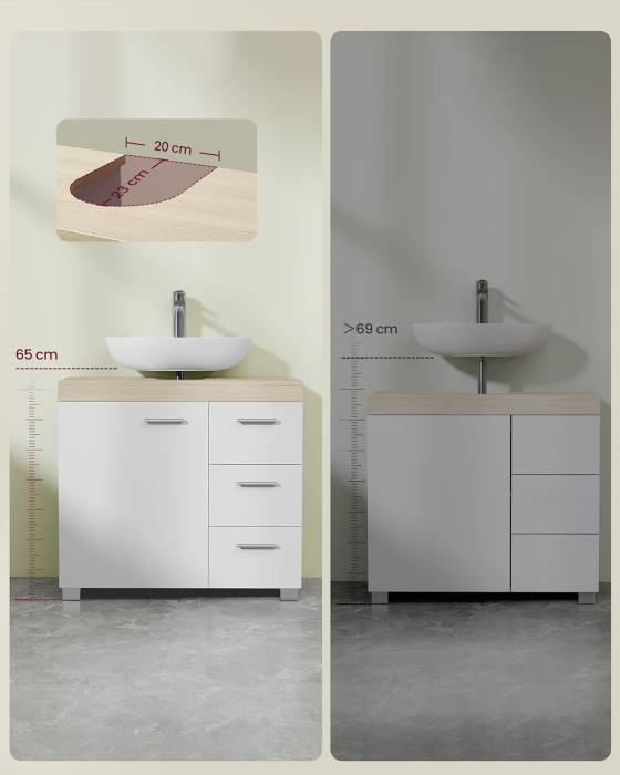 Dulap lavoar baie cu 3 sertare si 2 compartimente, MDF, 30x70x64 cm, alb si bej [5]