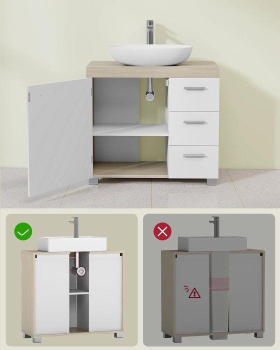 Dulap lavoar baie cu 3 sertare si 2 compartimente, MDF, 30x70x64 cm, alb si bej [4]