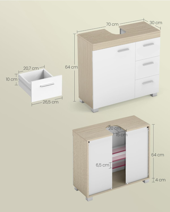 Dulap lavoar baie cu 3 sertare si 2 compartimente, MDF, 30x70x64 cm, alb si bej [2]