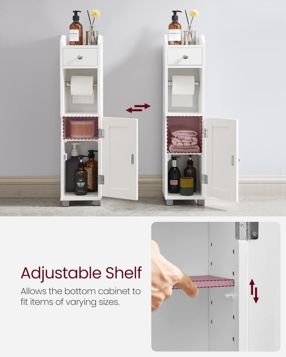 Dulap mic de depozitare pentru baie, din MDF, cu suport pentru hartie igienica, 20x18x77 cm, alb [6]