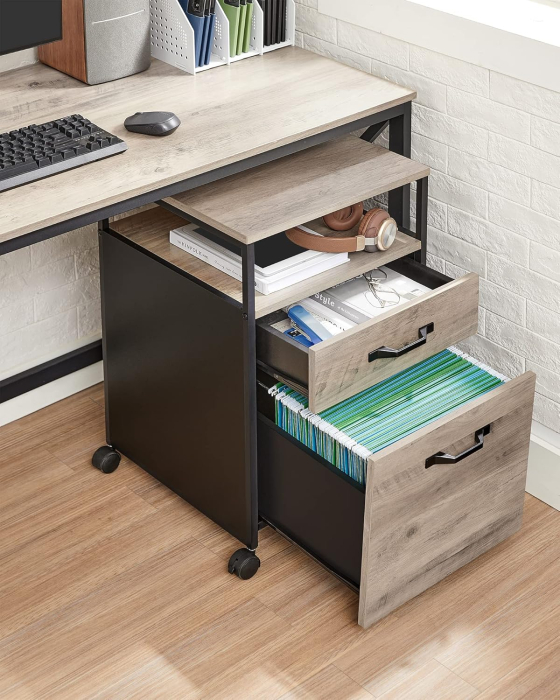 VASAGLE Dulap mobil 42x44x69 cm, cu 2 sertare si roti cu frana, compartiment deschis si suport dosare, PAL si otel, gri si negru [6]