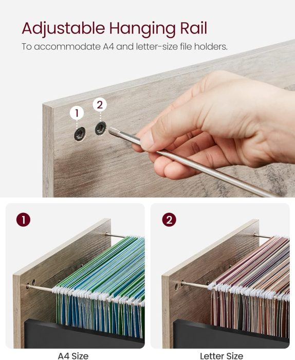 VASAGLE Dulap mobil 42x44x69 cm, cu 2 sertare si roti cu frana, compartiment deschis si suport dosare, PAL si otel, gri si negru [5]