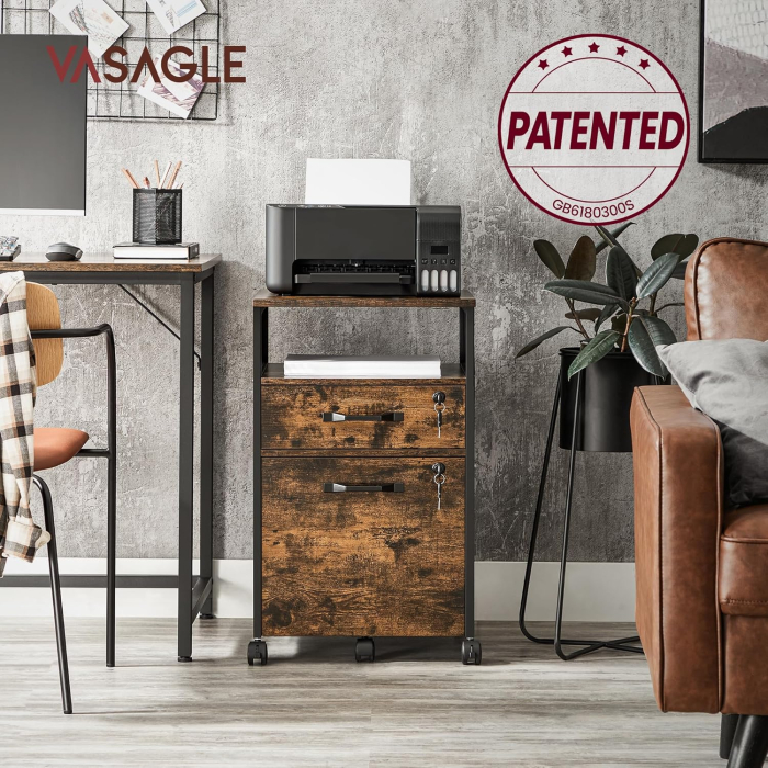 Dulap mobil 42x44x69 cm, cu 2 sertare si roti cu frana, compartiment deschis si suport dosare, PAL si otel, maro rustic si negru [8]