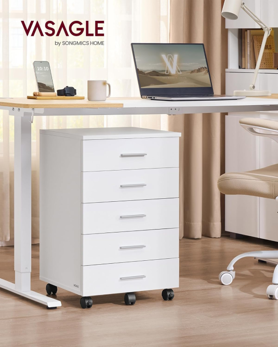 Dulap mobil rollbox 5 sertare cu roti cadru pal, 42x40x66 cm, organizare birou, alb [3]