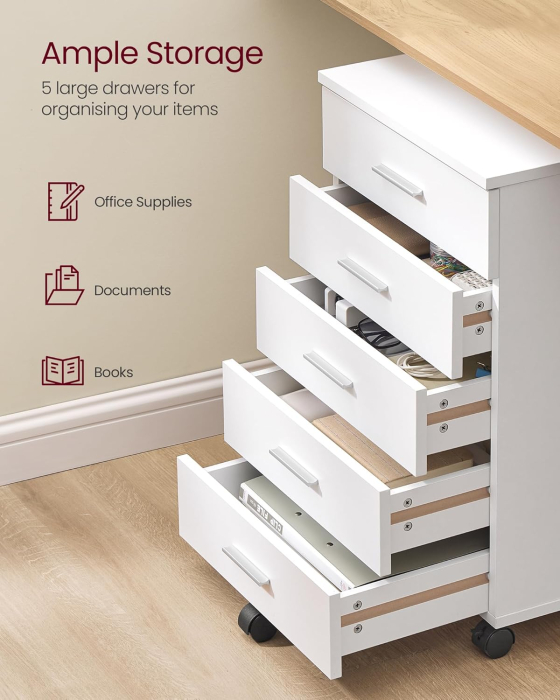 Dulap mobil rollbox 5 sertare cu roti cadru pal, 42x40x66 cm, organizare birou, alb [5]