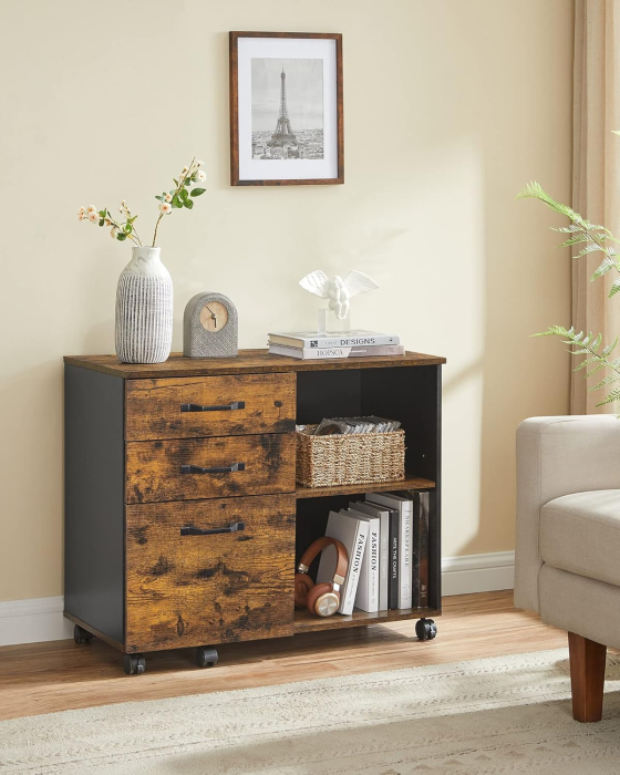 VASAGLE Dulap mobil tip rollbox pentru birouri, sertar cu sina suport dosare, stil industrial, 40x80x66 cm, maro rustic [9]