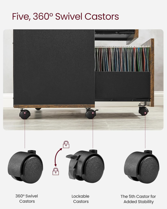 VASAGLE Dulap mobil tip rollbox pentru birouri, sertar cu sina suport dosare, stil industrial, 40x80x66 cm, maro rustic [8]