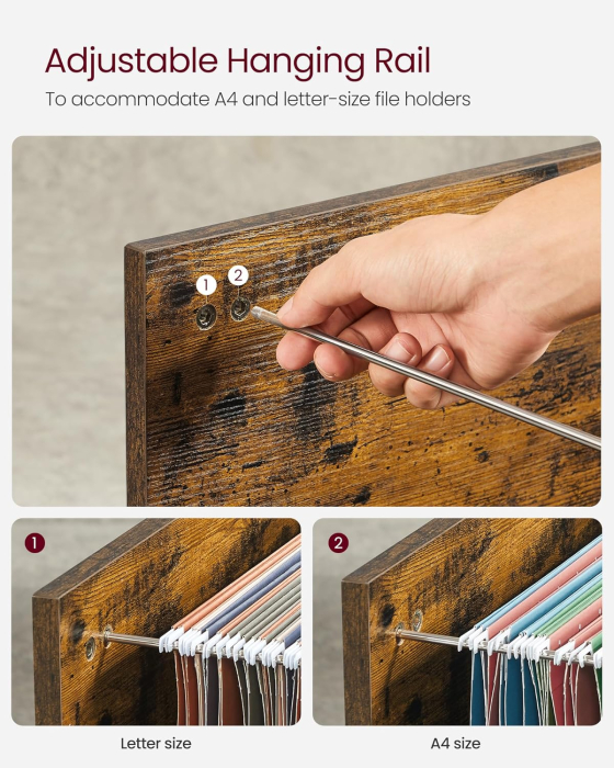 VASAGLE Dulap mobil tip rollbox pentru birouri, sertar cu sina suport dosare, stil industrial, 40x80x66 cm, maro rustic [6]