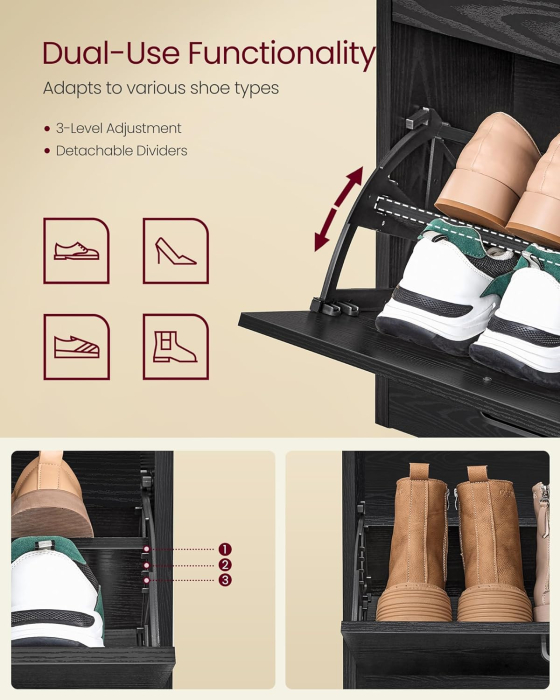Dulap pantofi 4 clapete, compartimentare reglabila, 16-28 perechi de incaltaminte, 106x24x83 cm, negru abanos [6]