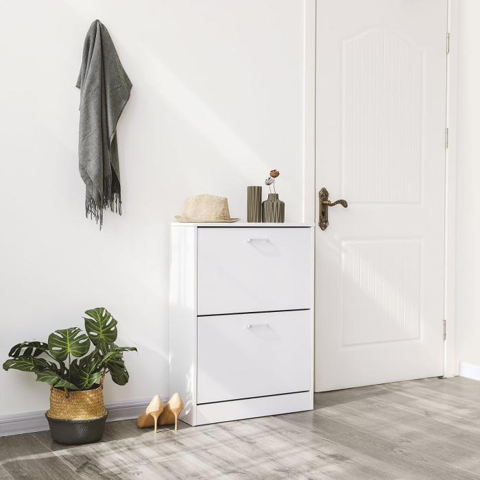 VASAGLE Dulap pantofi cu 2 usi rabatabile, din MDF, pentru 8-12 perechi, 60x24x84cm, alb [2]