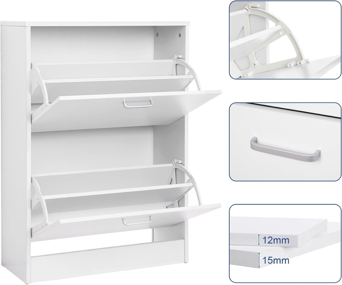 VASAGLE Dulap pantofi cu 2 usi rabatabile, din MDF, pentru 8-12 perechi, 60x24x84cm, alb [6]