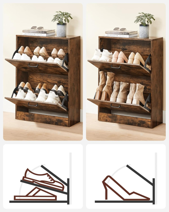 Dulap pantofi cu 2 usi rabatabile, din MDF, pentru 8-12 perechi, 60x24x84cm, maro rustic [2]