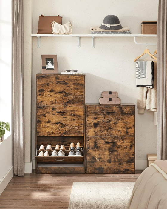 Dulap pantofi cu 2 usi rabatabile, din MDF, pentru 8-12 perechi, 60x24x84cm, maro rustic [5]