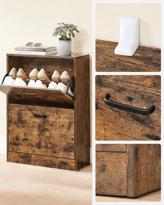 Dulap pantofi cu 2 usi rabatabile, din MDF, pentru 8-12 perechi, 60x24x84cm, maro rustic [7]