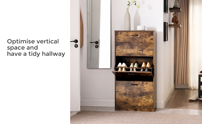 Dulap pantofi cu 3 usi rabatabile, din lemn, pentru 12-18 perechi, 60x24x120cm, maro rustic [8]