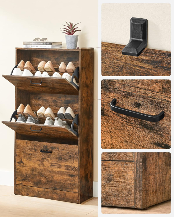 Dulap pantofi cu 3 usi rabatabile, din lemn, pentru 12-18 perechi, 60x24x120cm, maro rustic [6]