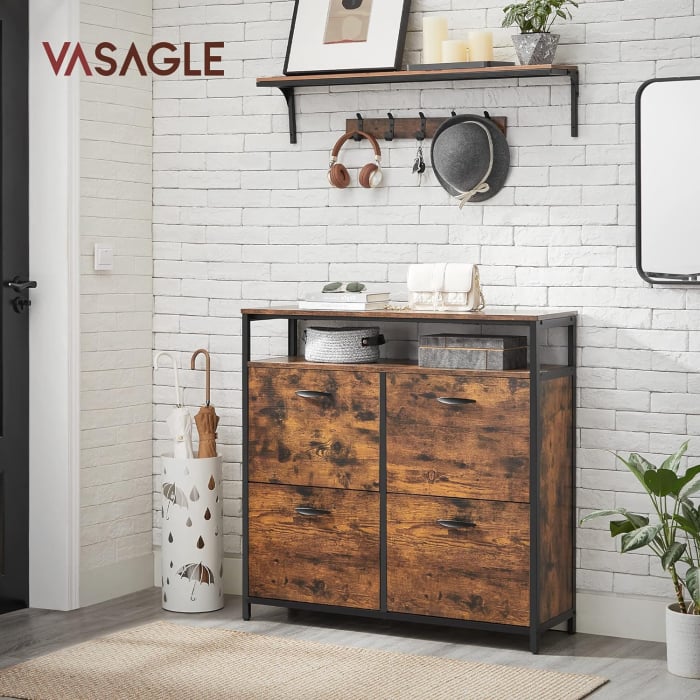 VASAGLE Dulap pantofi din MDF cu ​​4 usi basculante, pentru 12-20 perechi, 98x30x95cm, maro rustic si negru [2]