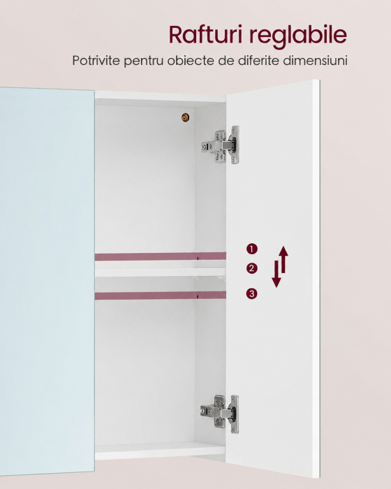 Dulap pentru baie cu oglinda, 3 usi si rafturi reglabile, MDF, 90x15x60 cm, alb [6]