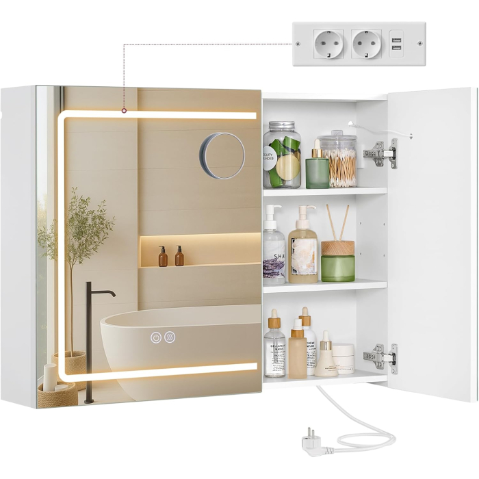 Dulap pentru baie cu oglinda si iluminare LED reglabila, functie anti-abur, USB si prize integrate, 80x17x60 cm, alb [2]