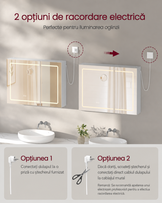 Dulap pentru baie cu oglinda si iluminare LED reglabila, functie anti-abur, USB si prize integrate, 80x17x60 cm, alb [3]