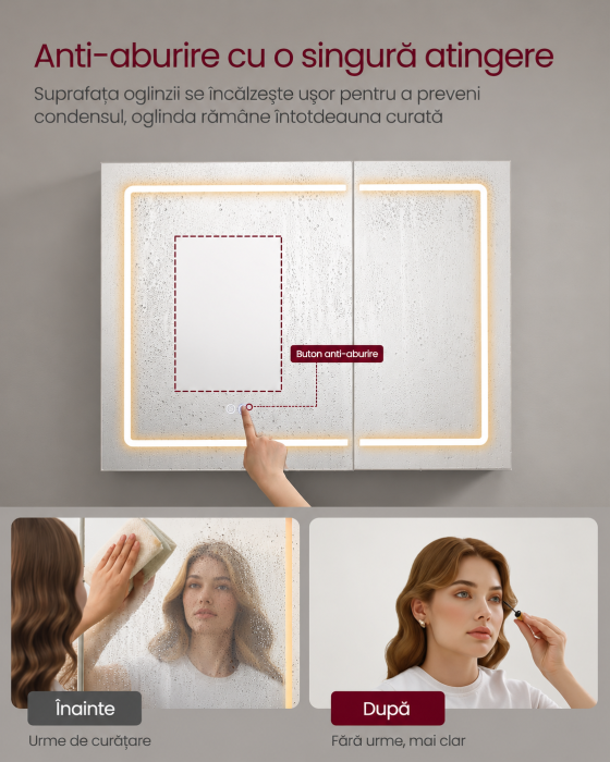 Dulap pentru baie cu oglinda si iluminare LED reglabila, functie anti-abur, USB si prize integrate, 80x17x60 cm, alb [10]