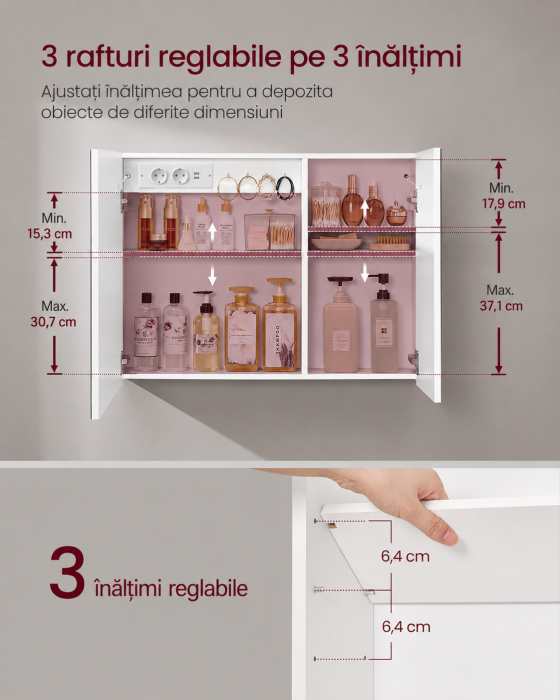 Dulap pentru baie cu oglinda si iluminare LED reglabila, functie anti-abur, USB si prize integrate, 80x17x60 cm, alb [5]