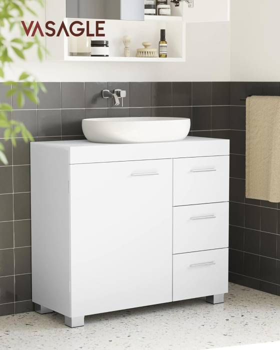 Dulap pentru baie suport lavoar, cu 3 sertare si raft reglabil, MDF, 70x30x64 cm, alb [10]