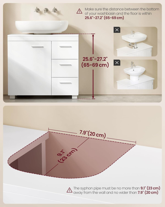 Dulap pentru baie suport lavoar, cu 3 sertare si raft reglabil, MDF, 70x30x64 cm, alb [6]