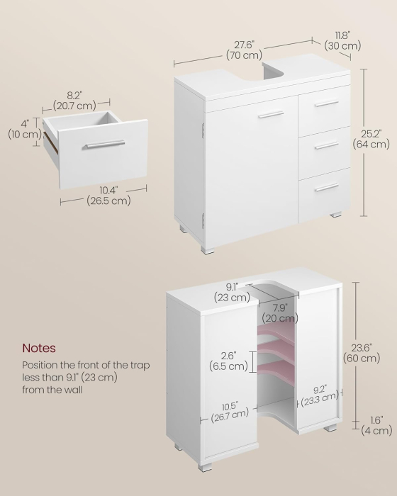 Dulap pentru baie suport lavoar, cu 3 sertare si raft reglabil, MDF, 70x30x64 cm, alb [3]