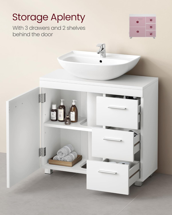Dulap pentru baie suport lavoar, cu 3 sertare si raft reglabil, MDF, 70x30x64 cm, alb [8]