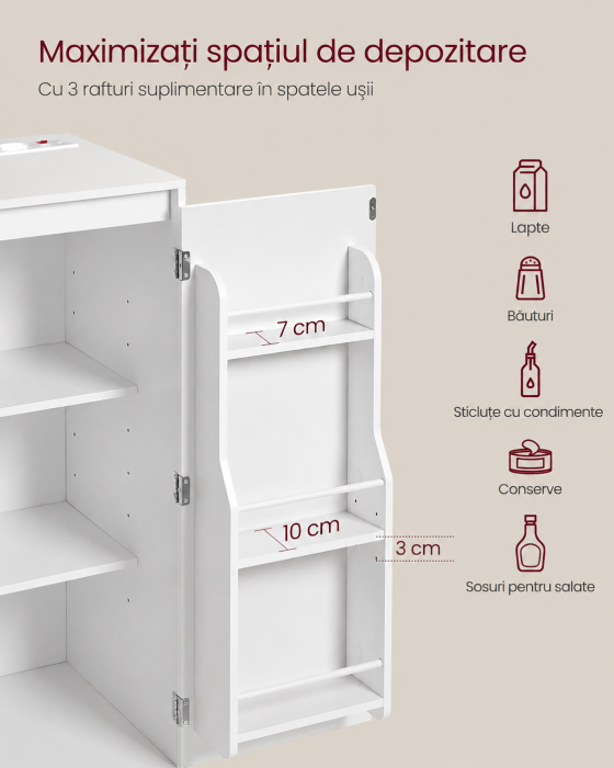 Dulap pentru bucatarie cu raft pentru cuptor cu microunde, 3 usi si rafturi reglabile, priza integrata, 90x40x90 cm, alb [8]