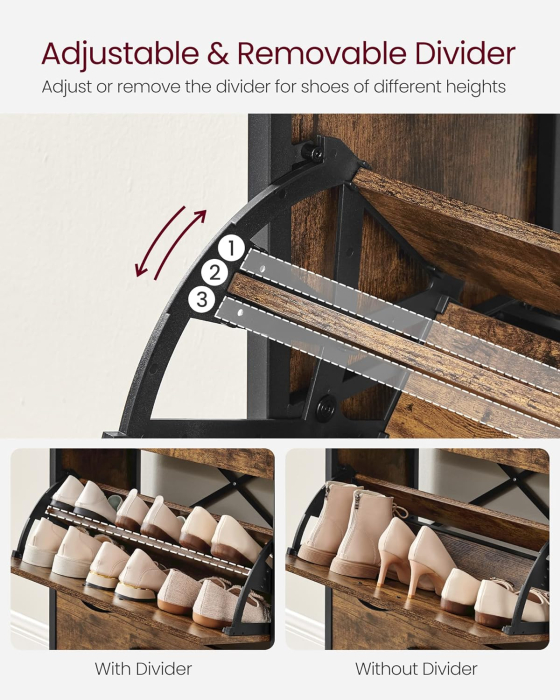 VASAGLE Dulap pentru pantofi cu 3 usi rabatabile, despartitoare interioare, pentru 15-18 perechi, 60x30x130cm, maro rusic si negru [7]