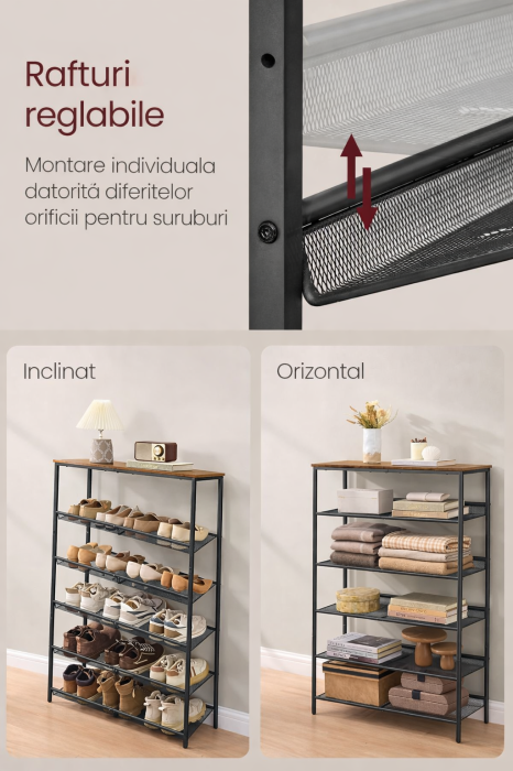 Etajera pantofi 6 niveluri, rafturi metalice reglabile, blat din PAL, stil industrial, 75x28x114 cm, maro rustic [6]