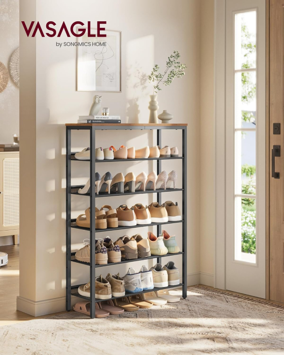 Etajera pantofi 6 niveluri, rafturi metalice reglabile, blat din PAL, stil industrial, 75x28x114 cm, maro rustic [2]