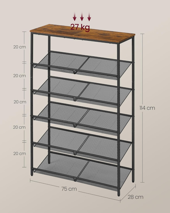 Etajera pantofi 6 niveluri, rafturi metalice reglabile, blat din PAL, stil industrial, 75x28x114 cm, maro rustic [4]