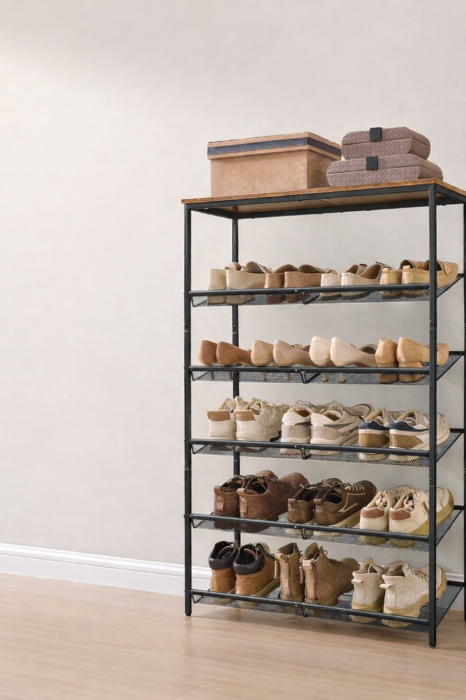 Etajera pantofi 6 niveluri, rafturi metalice reglabile, blat din PAL, stil industrial, 75x28x114 cm, maro rustic [3]