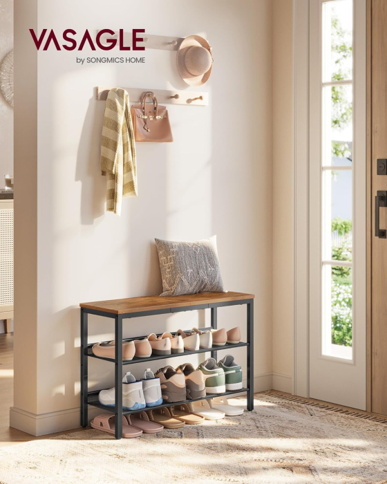 Etajera pantofi 3 niveluri rafturi metalice reglabile blat superior, 75x28x53 cm, maro rustic [4]