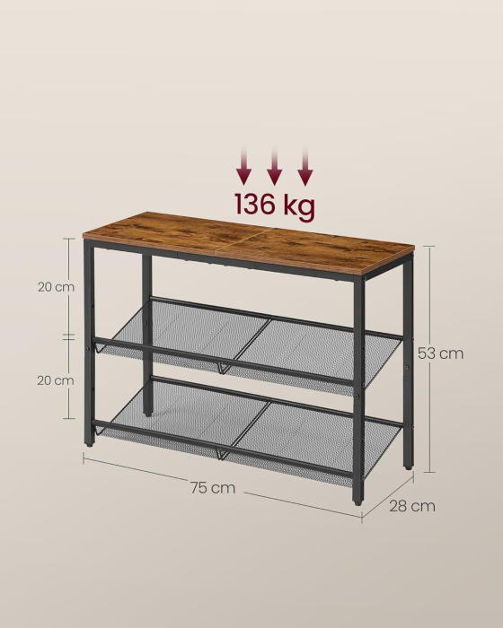 Etajera pantofi 3 niveluri rafturi metalice reglabile blat superior, 75x28x53 cm, maro rustic [2]