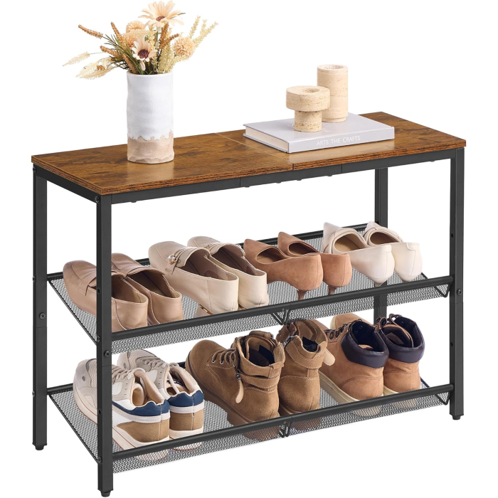 Etajera pantofi 3 niveluri rafturi metalice reglabile blat superior, 75x28x53 cm, maro rustic [6]