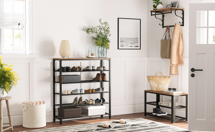 VASAGLE Etajera pantofi cu 5 rafturi si polita superioara, 100x30x110 cm, maro rustic [10]