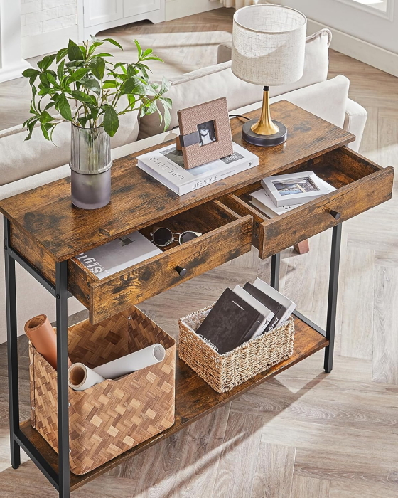 Masa consola pentru hol cu 2 sertare, stil industrial, PAL si cadru metalic, 100x30x80 cm, maro rustic [5]