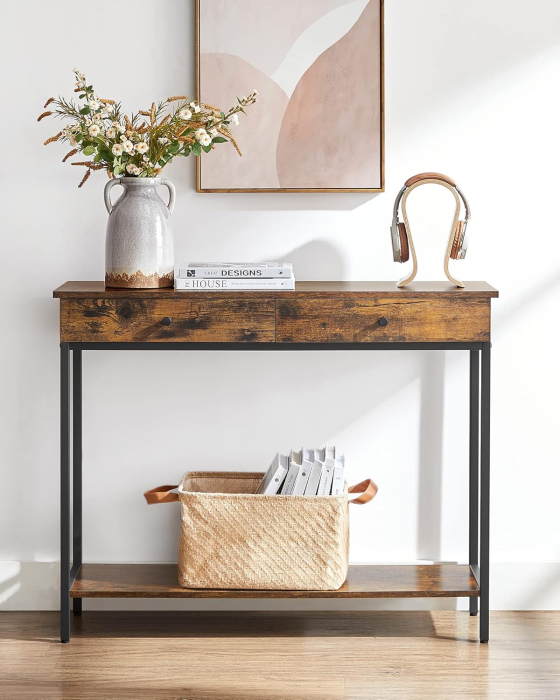 Masa consola pentru hol cu 2 sertare, stil industrial, PAL si cadru metalic, 100x30x80 cm, maro rustic [8]